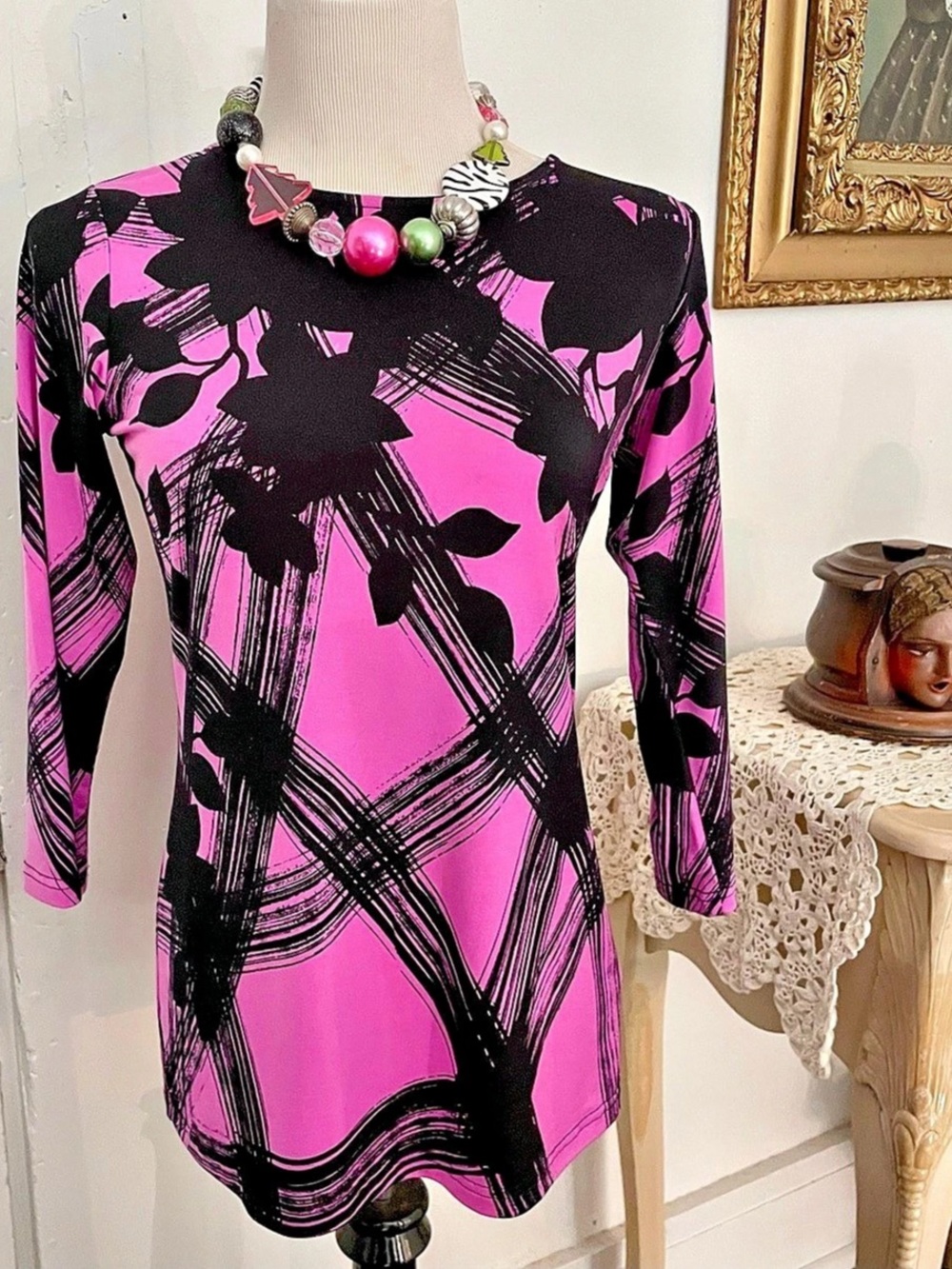 Bob Mackie Wearable Art Pink Black Abstract Floral Brushstroke Top XXS - Picture 2 of 9